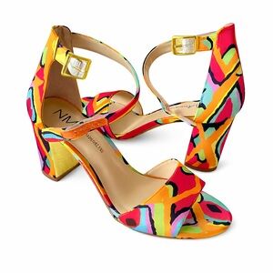 NEW Neiman Marcus Multicolor Abstract Print Block Heel open-toe Sandals size 8